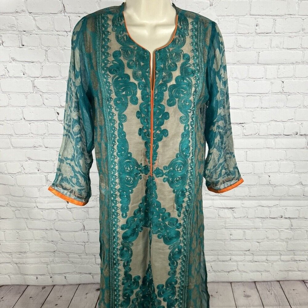 Sana Safinaz Brown Orange Blue Semi Sheer Long Sleeve Women’s Kurti Size XS